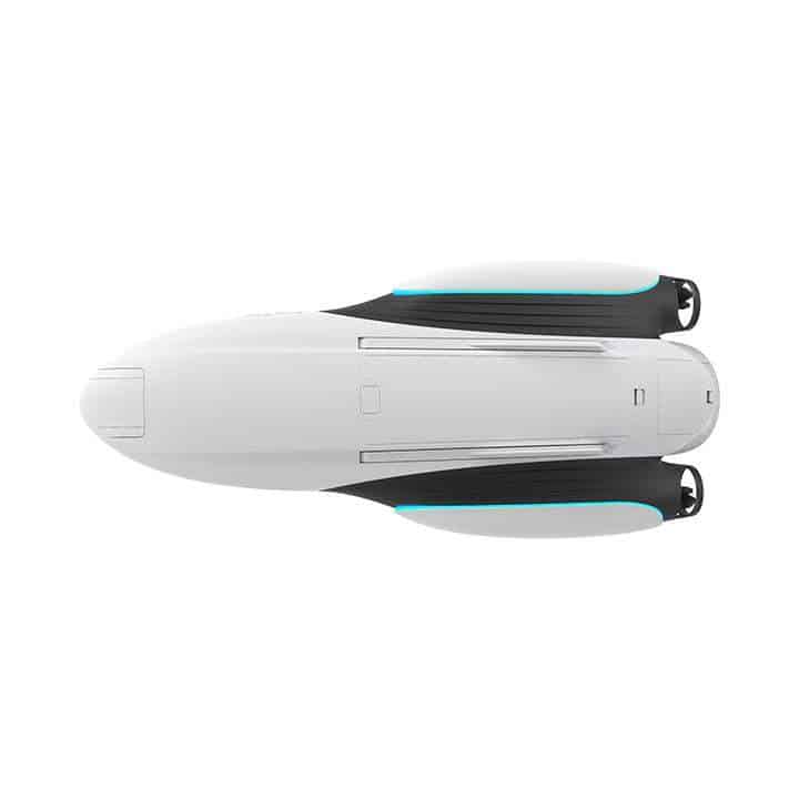 A top view of the PowerVision Powerdolphin Wizard Water Surface Drone is shown in this photo.