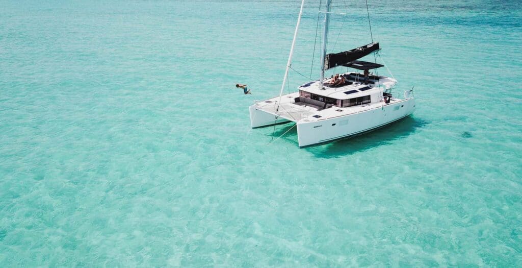 A catamaran is anchored off Mauritius in this file photo. Find out more at Boating.Guide.