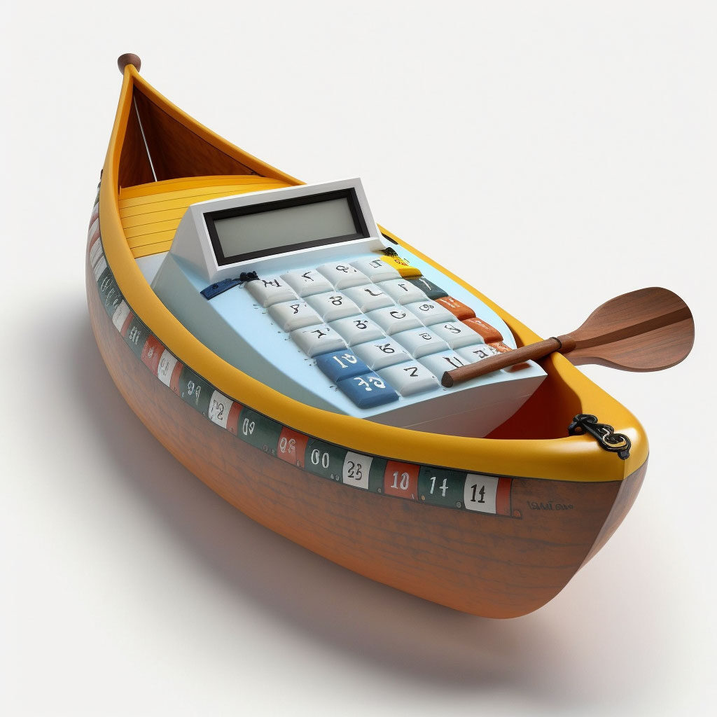 A calculator comfortably rides in a canoe. Why? Because we're calculating how long it takes a canoe to travel, that's why. Find the calculator at Boating.Guide!